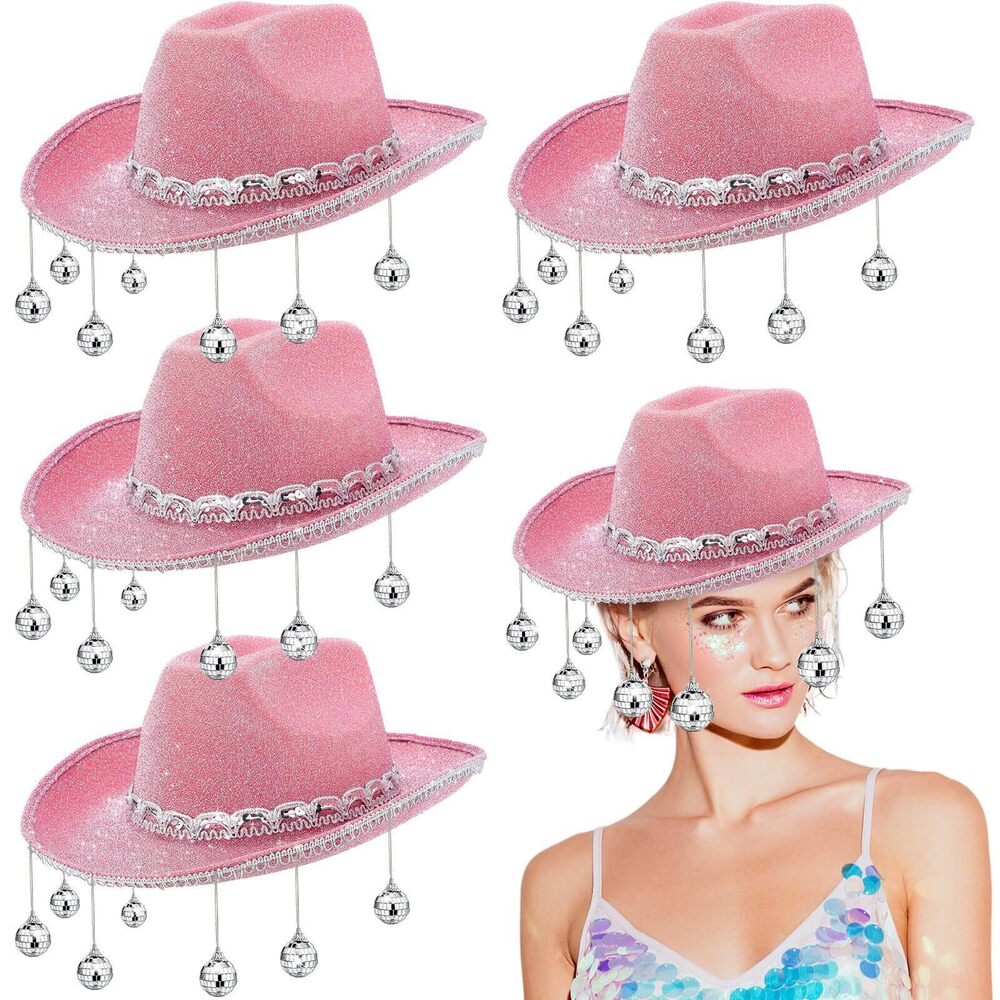 3385 4 Pcs Pink Disco Cowgirl Hat with Disco Ball Glitter Rhinestone